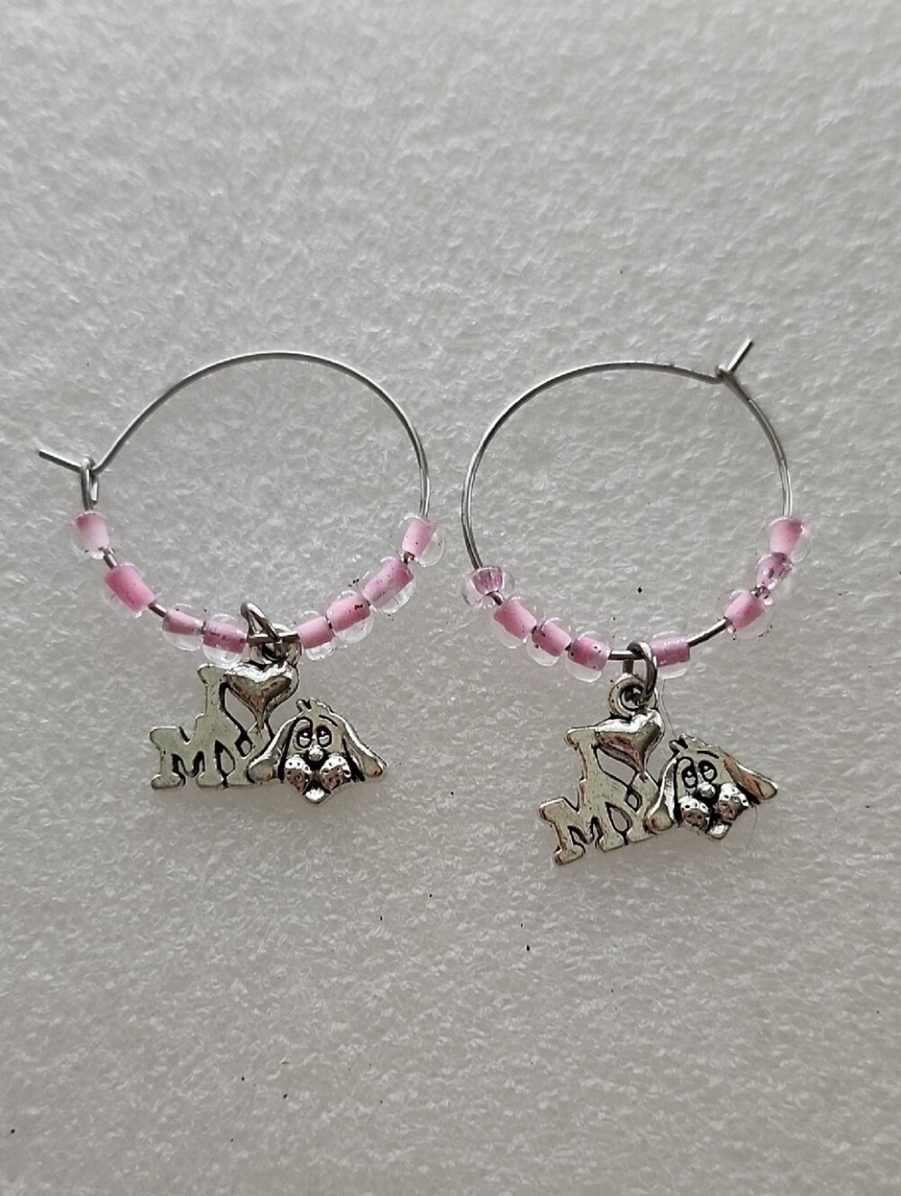 Hand Crafted Pink Beaded Hoop Earrings with Dog Charms